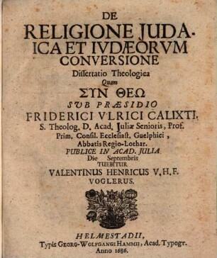 De Religione Iudaica Et Iudaeorum Conversione Dissertatio Theologica