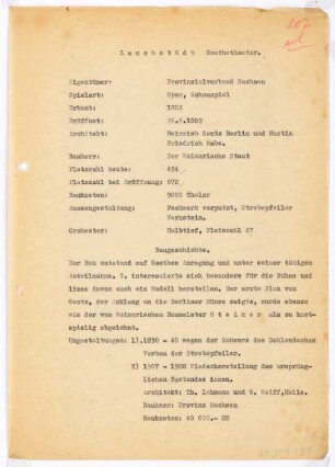Goethe Theater, Bad Lauchstädt: Schriftstück zum Fragebogen für das Handbuch »Das Deutsche Theater«