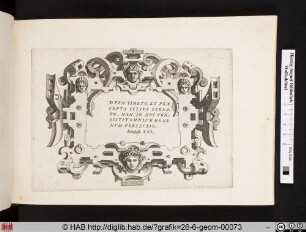 Kartusche mit Inschrift und Maskaronen.