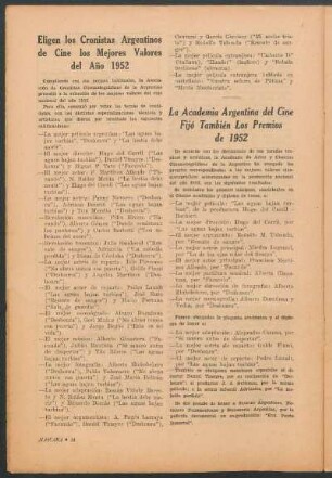 La academia argentina del cine fijó también los premios de 1952