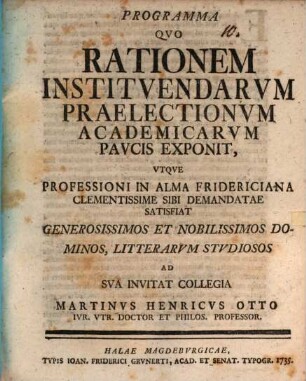 Programma qvo rationem institvendarvm praelectionvm academicarvm pavcis exponit