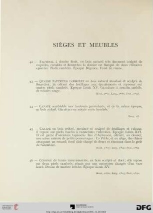 Siéges et meubles (Nr. 42-49) avec planches XXI-XXII