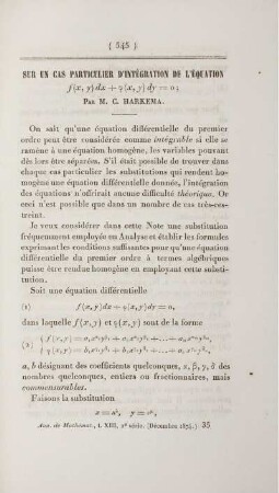 Sur un cas particulier d'intégration de l'équation ... .