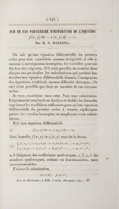 Sur un cas particulier d'intégration de l'équation ... .