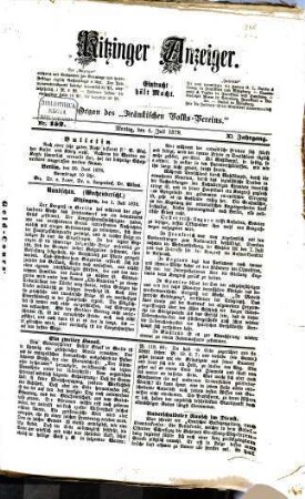 Kitzinger Anzeiger. 1878, 2 = Jg. 11