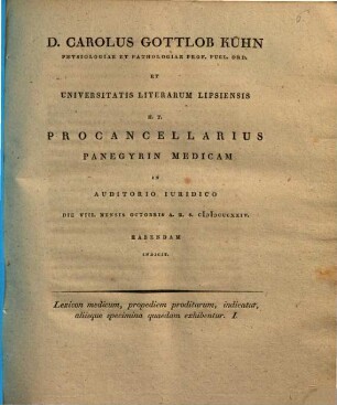 Lexicon medicum, propediem proditurum, indicatur, aliis-[in eius]que specimina quaedam exhibentur. I.