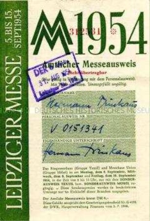 Messeausweis von Hermann Trinkaus - Familienkonvolut