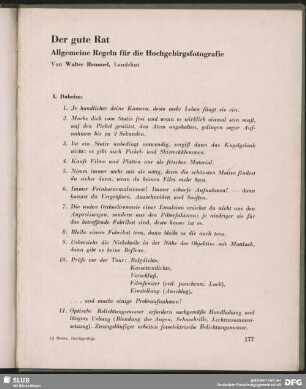 Der gute Rat. Allgemeine Regeln für die Hochgebirgsfotografie