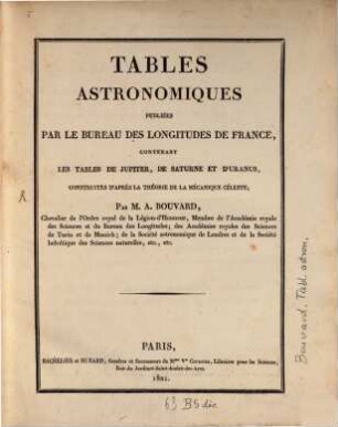 Tables astronomiques : de Jupiter Saturne et Uranus