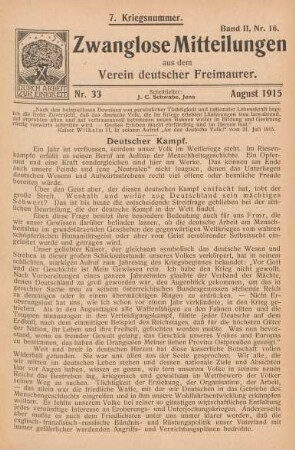 Nr. 33 August 1915 7. Kriegsnummer. Band II, Nr. 16.