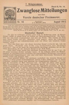 Nr. 33 August 1915 7. Kriegsnummer. Band II, Nr. 16.