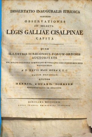 Diss. inaug. iur. proponens observationes ad selecta legis Galliae Cisalpinae capita