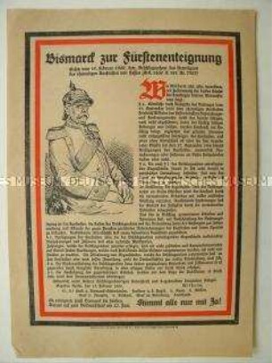 Flugblatt zum Volksbegehren über die Fürstenenteignung mit Abdruck des Gesetzes zur Beschlagnahme des Vermögens des ehemaligen Kurfürsten von Hessen durch Bismarck 1869