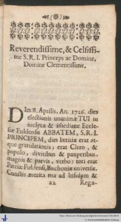 Reverendissime, et Celsissime S.R.I. Princeps ac Domine...