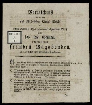 Verzeichnis der bey dem auf allerhöchsten Königl. Befehl am 15ten December 1790 gehaltenen allgemeinen Streif wider das lose Gesindel, angehaltenen fremden Vagabonden, mit dem Inhalt ihrer gerichtlichen Deposition
