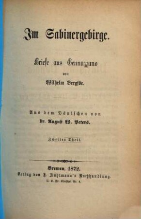 Im Sabinergebirge : Briefe aus Gennazzano. Aus dem Dänischen von Dr. August W. Peters. 2