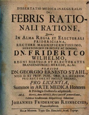 Dissertatio Medica Inauguralis De Febris Rationali Ratione