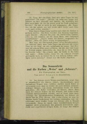 Das Sonnenlicht und die Farben "Weiss" und "Schwarz"
