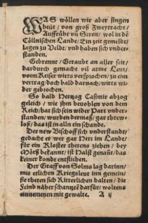 WAS wöllen wir aber singen || heüt/ von groß Zweytracht/ || Auffruhr vn Streit/