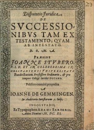 Disputatio Iuridica De Successionibus Tam Ex Testamento, Quam Ab Intestato