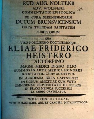 Commentatio epist. de cura Ser. ducum Brunsvicensium circa tuendam sanitatem subditorum