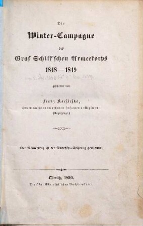 Die Winter-Campagne des Graf Schlik'schen Armeekorps : 1848 - 1849