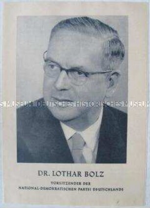 Propagandaschrift der Nationalen Front mit einem Aufruf des Vorsitzenden der National-Demokratischen Partei Deutschlands Lothar Bolz zur Volkskamerwahl 1961