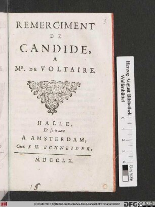 Remerciment De Candide, A Mr. De Voltaire