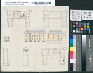Pläne zum Umbau des Hauses Hueth. Außenansichten, Grundrisse, Grundriß der Gärten, des Kuhstalls, Vorder- und Seitenansichten.