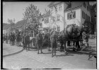 1. Mai-Feier Sigmaringen 1934; Pferdewagen in der Leopoldstraße beim Maiumzug, Hitlerjugend, im Hintergrund Leopoldstraße 26