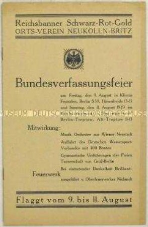 Programm des Bündnisses Reichsbanner Schwarz-Rot-Gold zur Bundesverfassungsfeier im August 1919 in Berlin mit umfangreicher Anzeigenwerbung