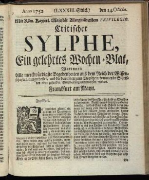 (LXXXIII. Stück.) den 14. Octobr. Anno 1752.