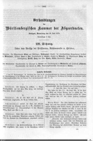 108. Sitzung, Stuttgart, 24.7.1879