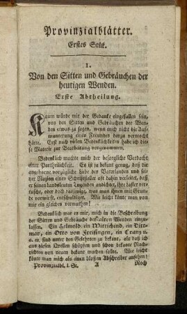 1. Von den Sitten und Gebräuchen der heutigen Wenden. Erste Abtheilung.