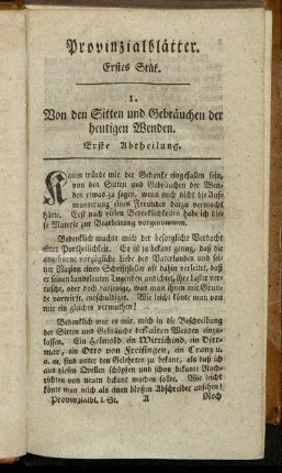 1. Von den Sitten und Gebräuchen der heutigen Wenden. Erste Abtheilung.
