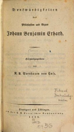 Denkwürdigkeiten des Philosophen und Arztes Johann Benjamin Erhard