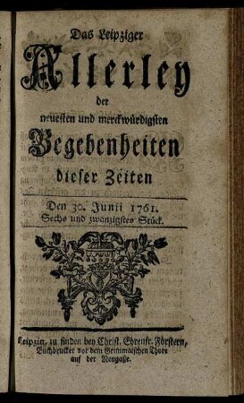 Den 30. Junii 1761. Sechs und zwanzigstes Stück.
