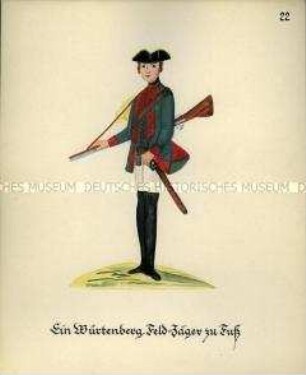 Uniformdarstellung, Feldjäger zu Fuß, Herzogtum Württemberg, 1760/1761. Kopie der Originaltafel 22 aus Becher: Wahrhaftige Nachrichten.