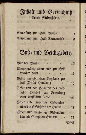 Inhalt und Verzeichniß derer Andachten.