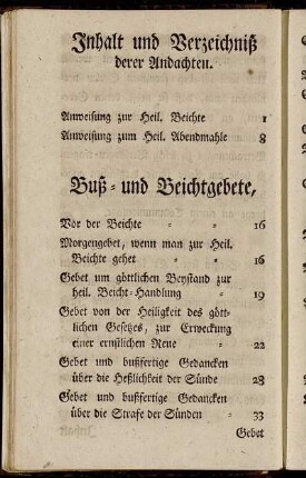 Inhalt und Verzeichniß derer Andachten.