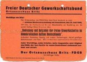 Aufruf des Ortsausschusses Britz des FDGB zu einer öffentlichen Veranstaltung über die Aufgaben und Ziele des FDGB