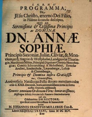 Programma de Jesu Christo, aeterno Dei filio, in Psalmo II. descripto