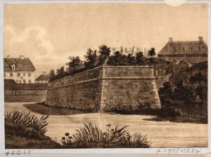 Blatt 50 aus "Dresdens Festungswerke im Jahre 1811" vor der Demolierung: Blick von der äußeren Stadtgrabenmauer nach Südwesten auf die Bastion Jupiter