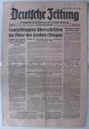 Tageszeitung der Roten Armee für die deutsche Bevölkerung "Deutsche Zeitung" u.a. zum Vormarsch der Roten Armee in Japan