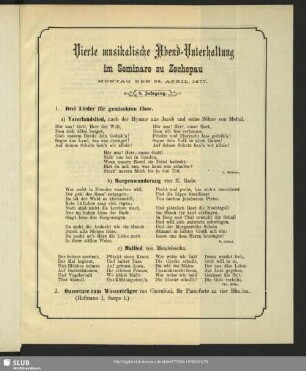 Vierte musikalische Abend-Unterhaltung im Seminare zu Zschopau Montag den 23. April 1877