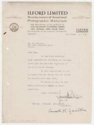 Brief von Kenneth H. Gaseltine (?), Ilford Limited, London an Erich Salomon