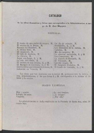 Catálogo de las obras dramáticas y líricas que corresponden á la Administración á cargo de D. José Márquez.