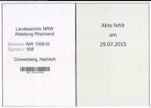 Entnazifizierung Heinrich Cronenberg , geb. 18.01.1895 (Landwirt)