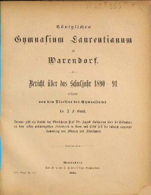 Bericht : über das Schuljahr .... 1890/91