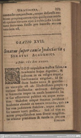 Oratio XVII. Senatus super causa Judiciaria Senatus Academici
